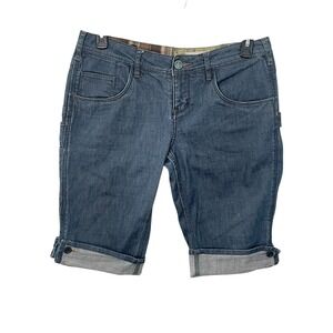 Free People 309 Utility Denim Bermuda Shorts Cuffed Button Tab Long Shorts 12/14